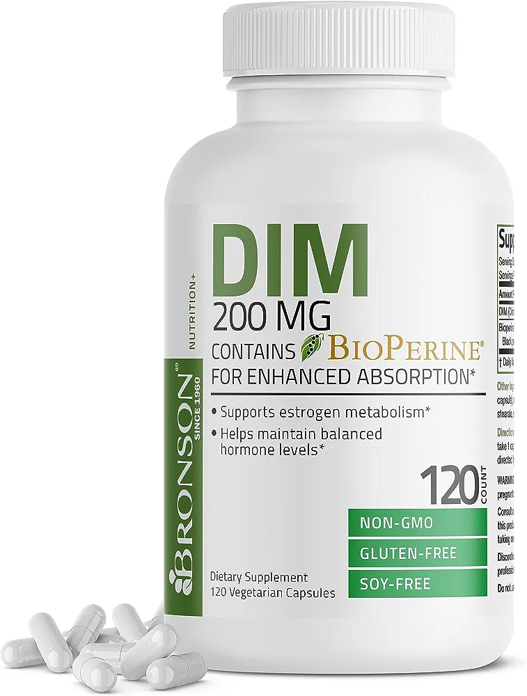 Bronson DIM Supplement 200 mg Diindolymethane with BioPerine for Enhanced Absorption, Estrogen Metabolism &amp; Maintains Balanced Hormone Levels, 120 Vegetarian Capsules