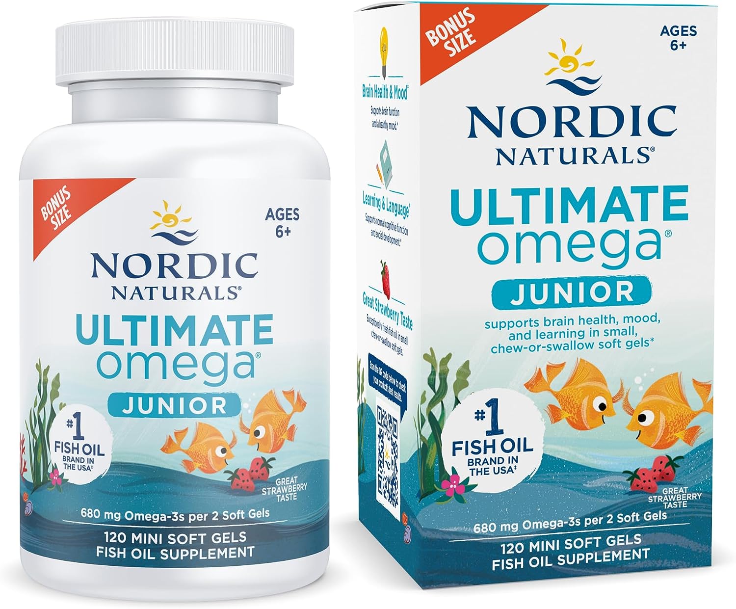 Nordic Naturals Ultimate Omega Jr., Strawberry - 120 Mini Soft Gels - 680 Total Omega-3s with EPA &amp; DHA - Brain Health, Mood, Learning - Non-GMO - 60 Servings