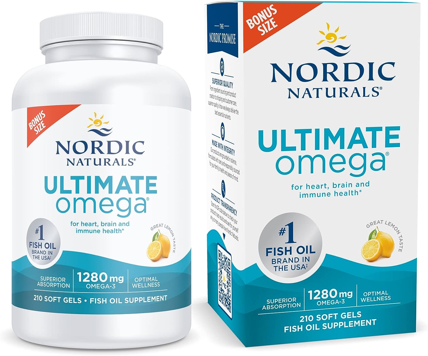 Nordic Naturals Ultimate Omega, Lemon Flavor - 210 Soft Gels - 1280 mg Omega-3 - High-Potency Omega-3 Fish Oil with EPA &amp; DHA - Promotes Brain &amp; Heart Health - Non-GMO - 105 Servingsاوميجا 3 تركيز 1280 مجم عبوه 210 كبسوله بطعم الليمون لتحسين صحة المخ والقلب