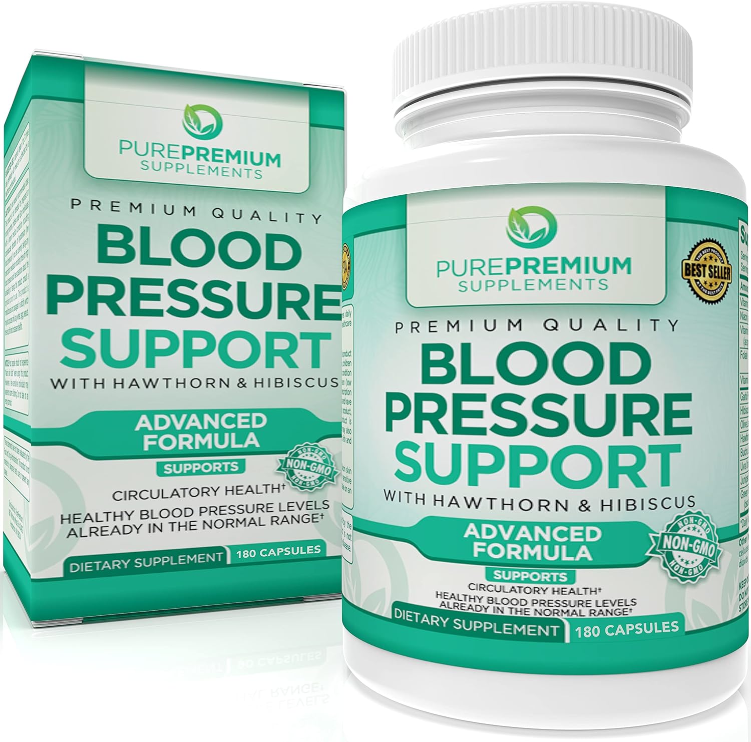 PurePremium Blood Pressure Support with Hawthorn &amp; Hibiscus - for Cardiovascular &amp; Circulatory Health - 180 Capsules
