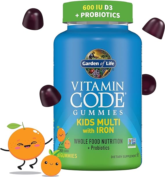 Garden of Life Kids Multivitamin Gummy with Iron+Probiotics for Immune Health & Digestion: Vitamins D, C, E, B, Zinc for Energy&Development 90 Gummies<BR/> جاردن اوف لايف فيتامينات متعدده للاطفال مع الحديد والبروبيوتك والزنك لتحسين النمو وتقوية المناعه والعنايه بالجهاز الهضمي 90 جاميز