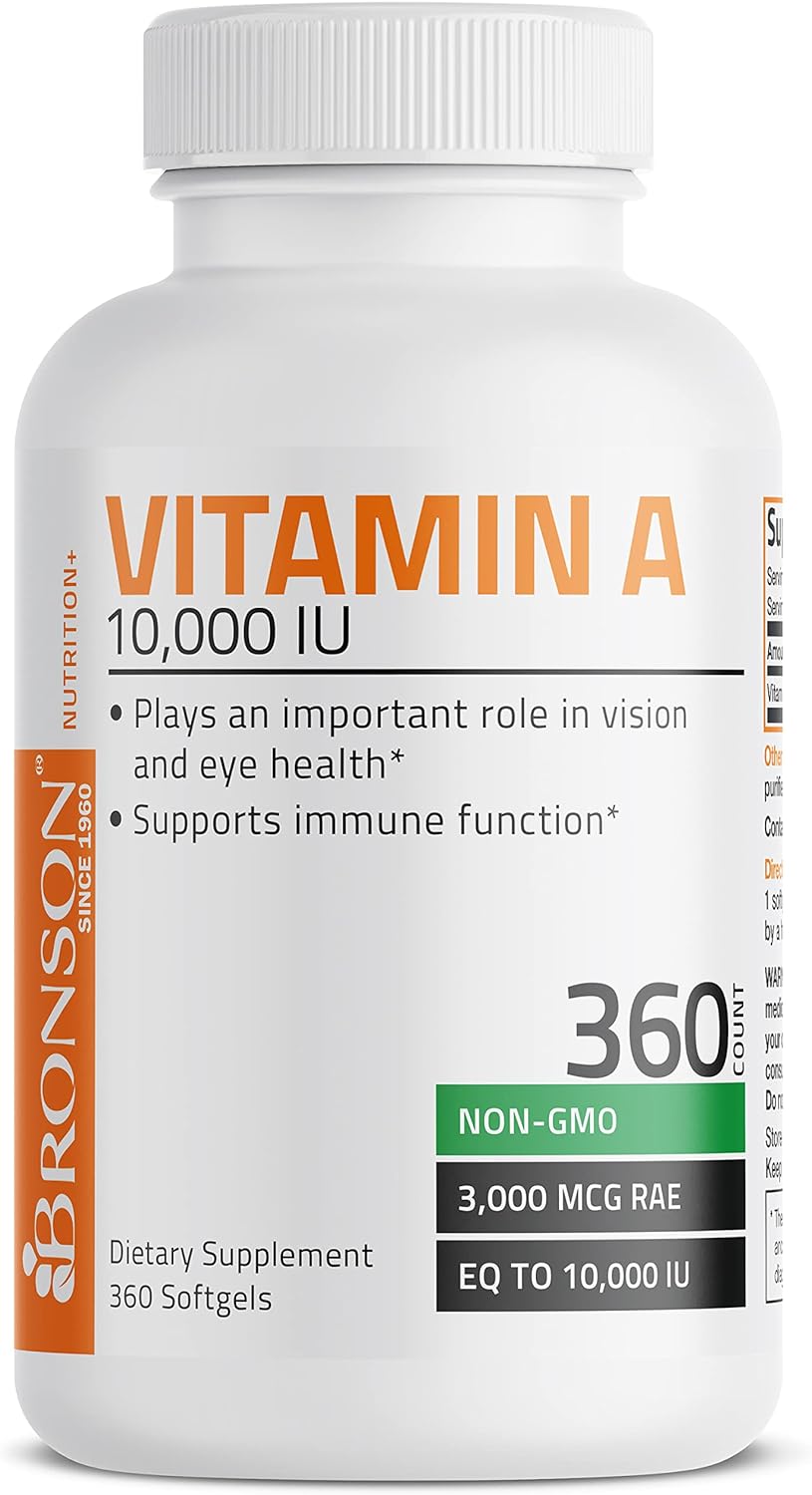 Bronson Vitamin A 10,000 IU Premium Supports Healthy Vision & Immune System and Healthy Growth & Reproduction, 360 Softgels<BR/>من برونسون فيتامين أ تركيز 10000 وحده دوليه لدعم صحة النظر والمناعه 360 كبسوله