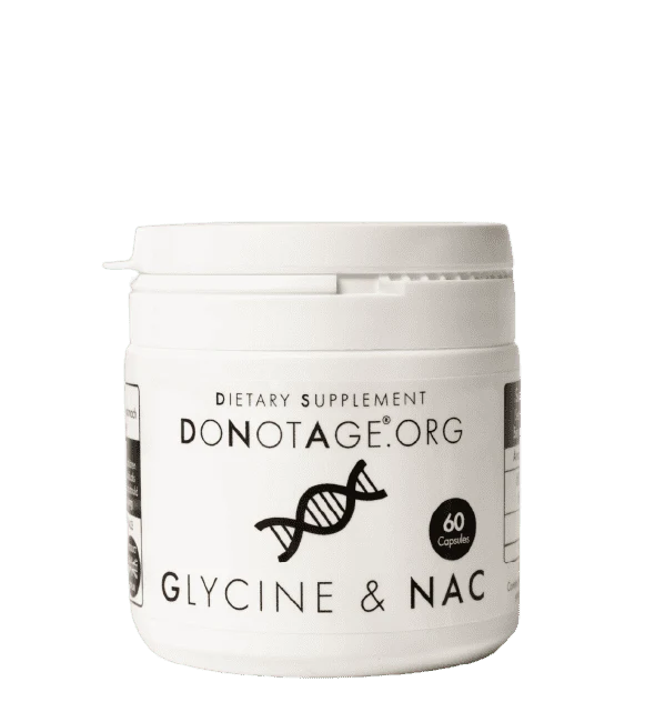 Do Not Age Glycine & NAC provides 300 mg of glycine and N-acetyl-cysteine per capsule. Known as GlyNAC in research. Raw materials for glutathione production. 60 capsules