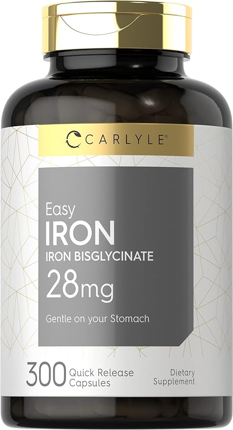 Easy Iron | 28 mg | 300 Capsules | Gentle On Your Stomach Formula | As Iron Bisglycinate | by Carlyle