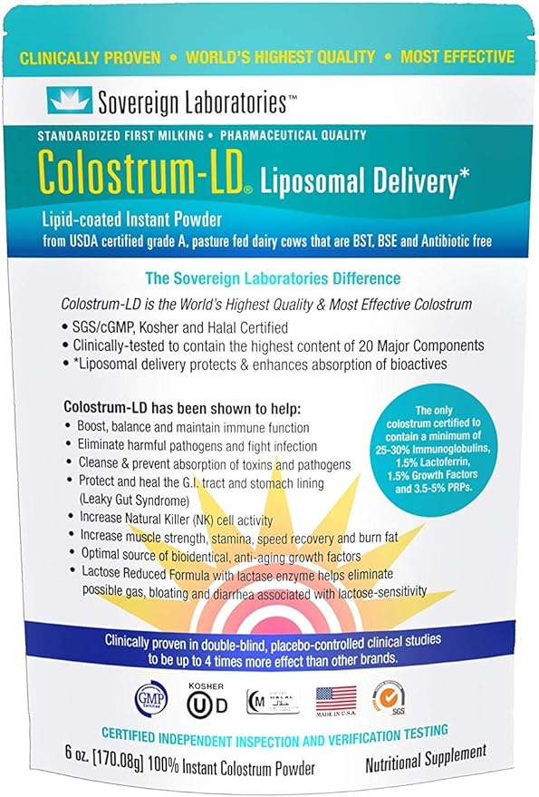 Sovereign Laboratories Organic Colostrum-LD Powder with Proprietary Liposomal Delivery (LD) Technology for up to 1500% Better Bioavailability Than Regular Bovine Colostrum (Plain, 6 Ounce)