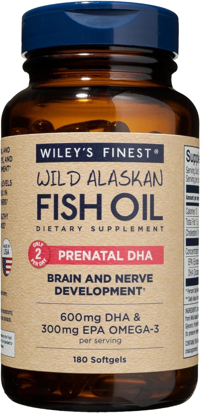 Wiley's Finest Wild Alaskan Fish Oil Prenatal DHA - 900 mg EPA and DHA Omega-3s for Pregnant Women and Nursing Mothers - 180 Softgels (90 Prenatal Vitamin Servings)