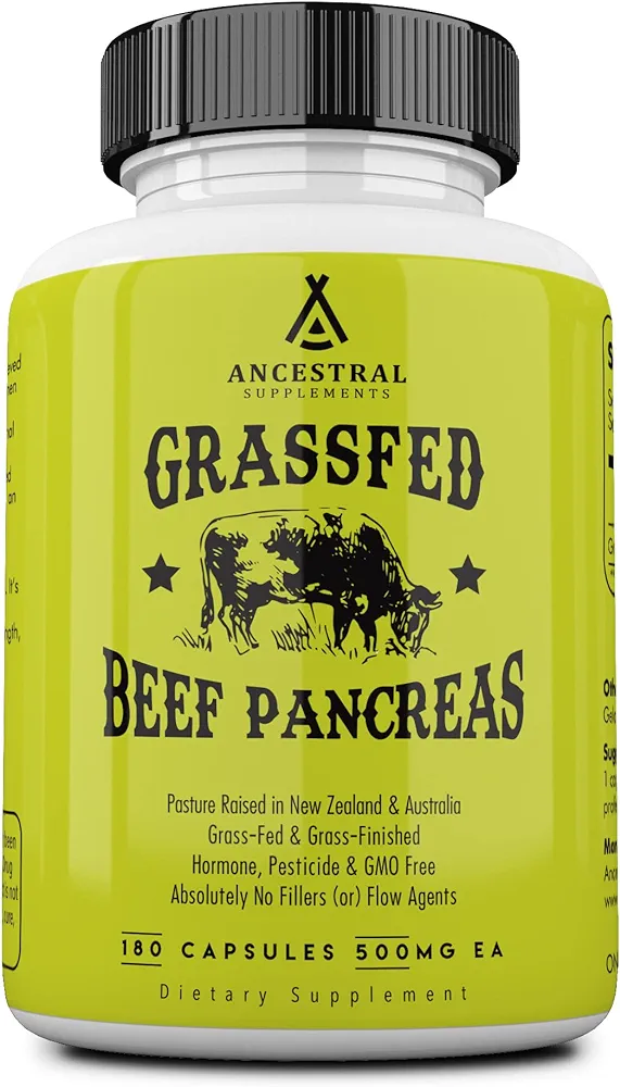 Ancestral Supplements Grass Fed Beef Pancreas Supplement, 500mg, Pancreatic Support with Proteolytic Digestive Enzymes for Digestion Support, Including Trypsin, Non GMO, 180 Capsules