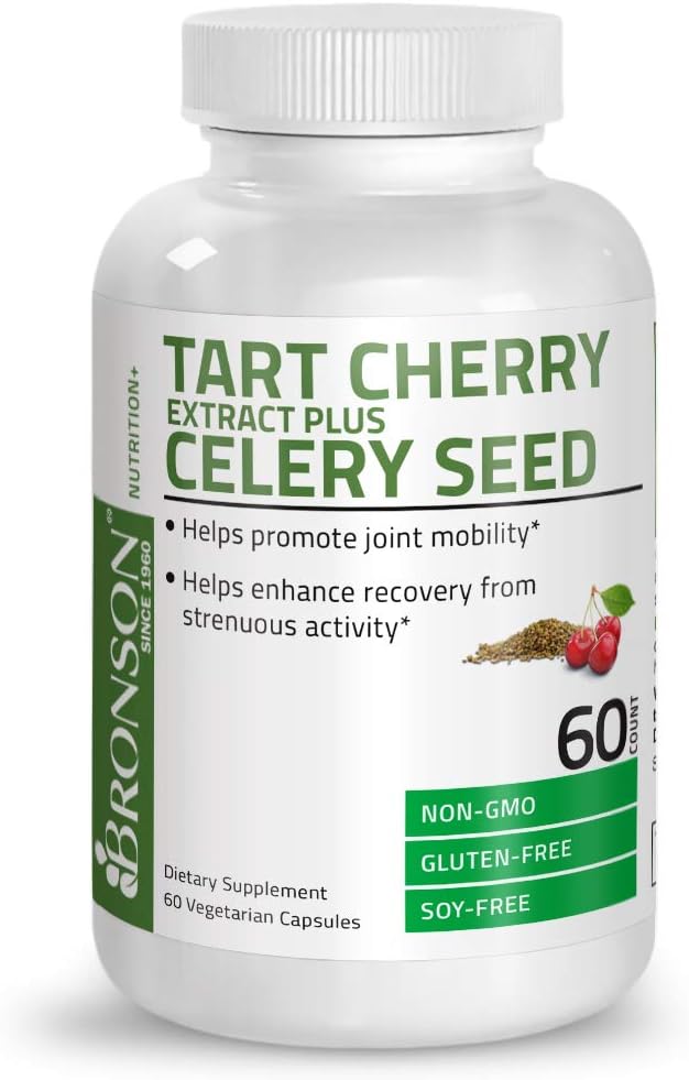 Bronson Tart Cherry Extract + Celery Seed Capsules - Powerful Uric Acid Cleanse, Joint Mobility Support &amp; Muscle Recovery Supplement - 60 Capsules كبسولات الكرز مع بذور الكرفس، لتطهير الجسم من حمض اليوريك، ولصحة المفاصل والعضلات، 60 كبسولة نباتية