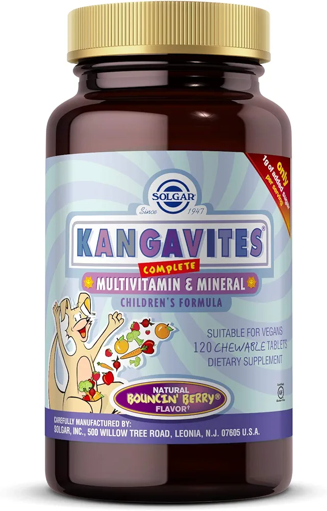 Solgar Kangavites, Bouncin’ Berry Flavor - 120 Chewable Tablets - Complete Multivitamin &amp; Mineral Formula for Children - Vegan, Gluten Free سولجار كانجافيتس، نكهة التوت المنعشة - ١٢٠ قرص للمضغ- مكمل غذائي متكامل بالفيتامينات والمعادن للأطفال - نباتي، خالي من الجلوتين