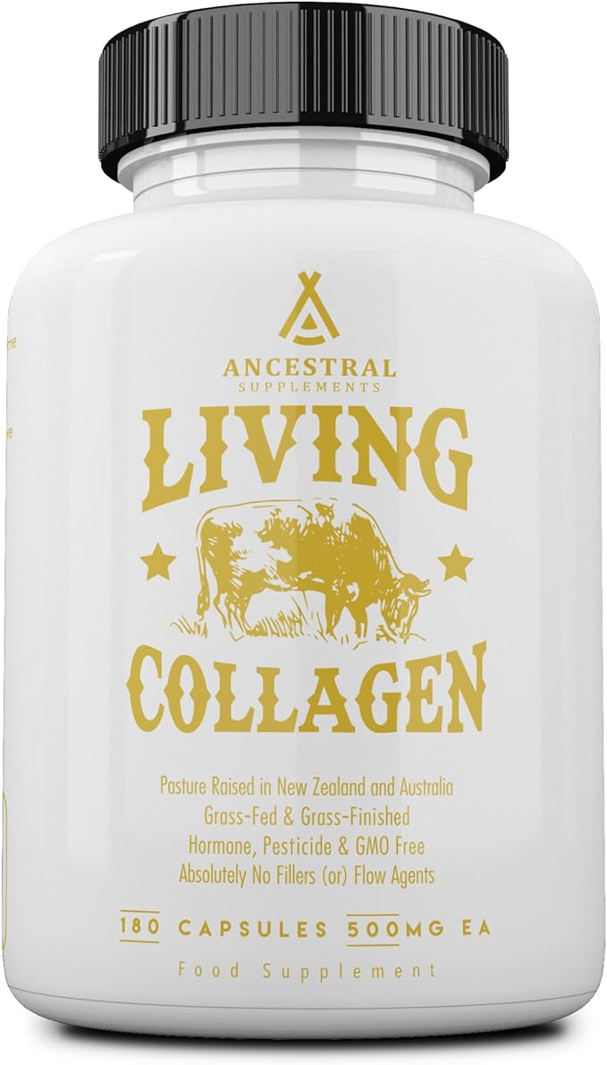 Ancestral Supplements Grass Fed Beef Living Collagen Nutritional Powder Supplement, 3000mg, Promotes Healthier, Younger Looking Skin, Hair, Nails and Joints, Types I,II,III,V, and X, 180 Capsules