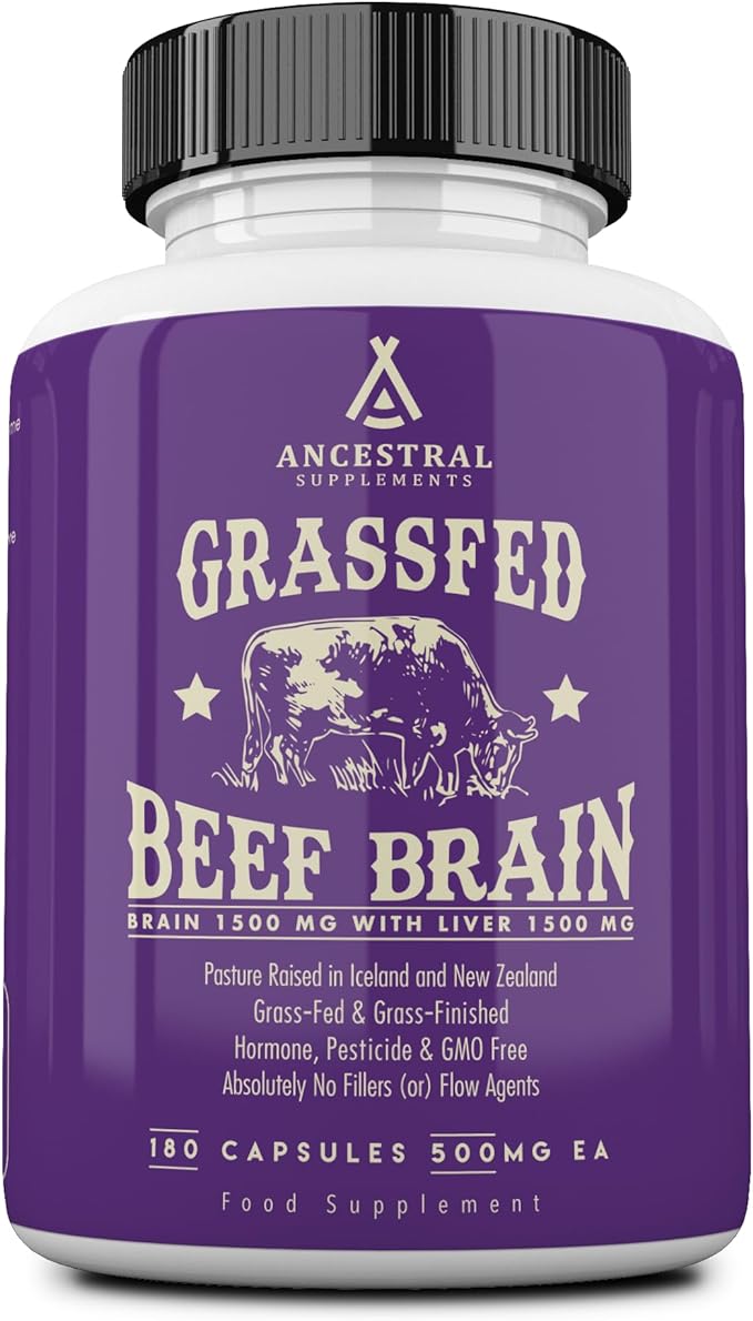Ancestral Supplements Grass Fed Beef Brain Supplement with Beef Liver, Whole Food Brain Support Promotes Brain, Mood, and Memory Health, Brain and Liver Health Formula Capsules, Non-GMO, 180 Capsules