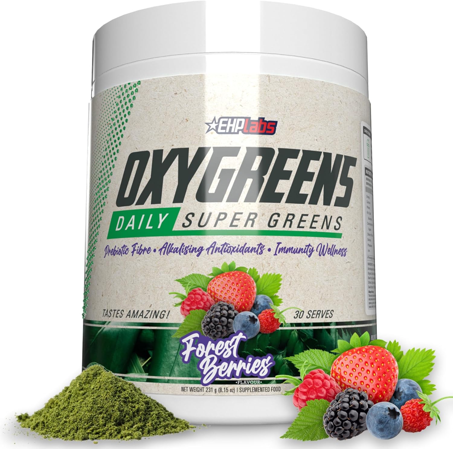 EHPlabs OxyGreens Super Greens Powder - Spirulina & Chlorella Superfood, Green Juice Powder & Greens Supplements with Prebiotic Fibre, Antioxidants & Immunity Support, 30 Serves (Forest berries)