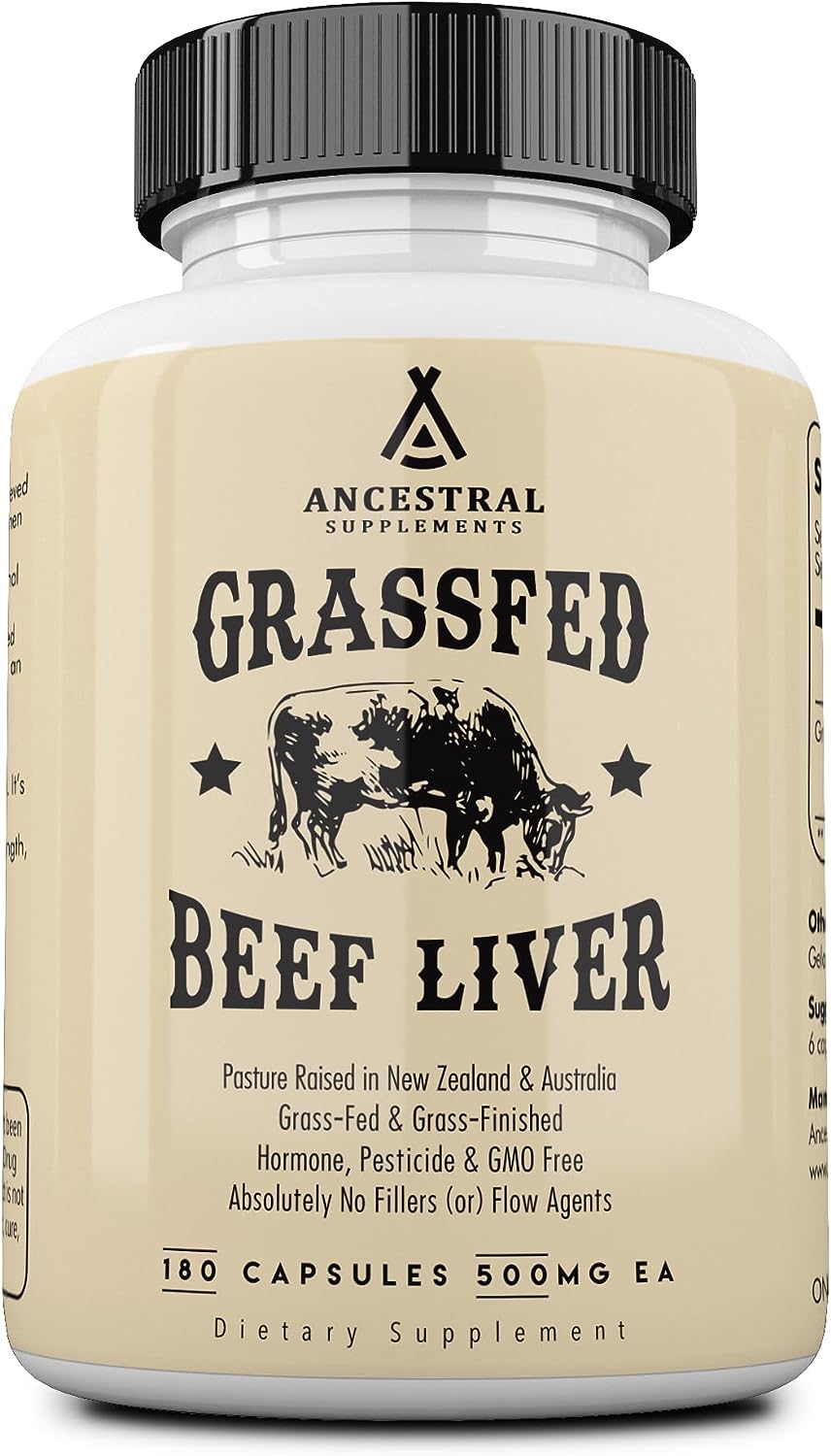 Ancestral Supplements Grass Fed Beef Liver Capsules, Supports Energy Production, Cleansing, Digestion, Immunity and Full Body Wellness, Non GMO, Freeze Dried Liver Support Supplement, 180 Capsules