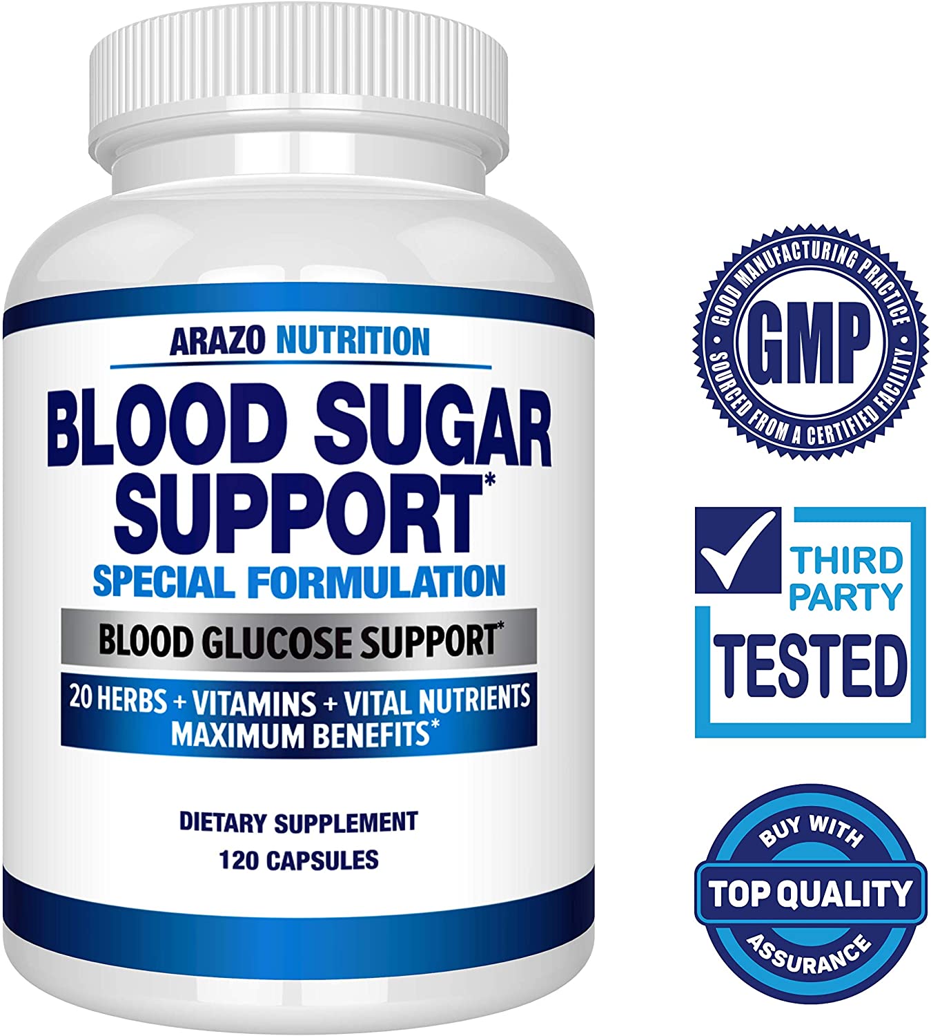 Arazo Nutrition Blood Sugar Support Supplement - 20 Herbs &amp; Multivitamin for Blood Sugar Control - 120 Pills مكمل لدعم سكر الدم ، 20 عشب و فيتامينات متعددة للتحكم فى سكر الدم ، 120 حباية