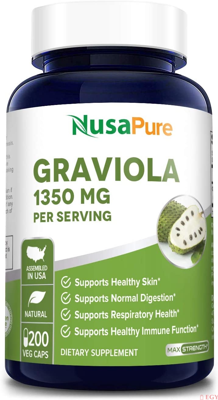 Nusapure Graviola 1350mg 200 Veggie Caps - Soursop Supplement - Healthy Skin &amp; Helps Promotes Cell Growth, Respiratory System, Balanced Mood جرافيولا 1350 مجم ، لصحة نمو الخلايا ، ولصحة الجلد والجهاز التنفسى ، ولتحسين المزاج ، 200 كبسولة النباتية