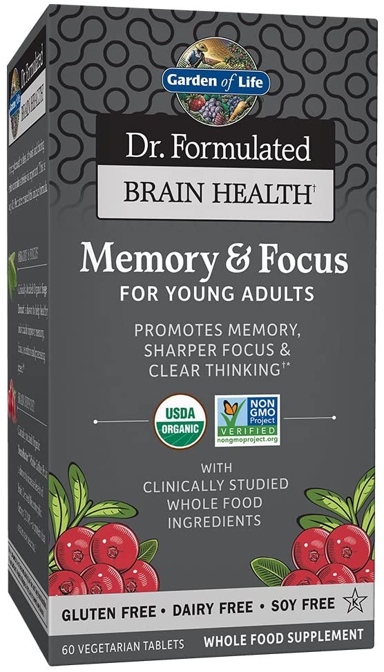 Garden of Life Dr. Formulated Organic Brain Health Memory &amp; Focus for Young Adults Tablets دكتور فورميلايد ، فيتامينات ومعادن نباتية عضوية لصحة المخ والذاكرة ، وزيادة التركيز لصغار البالغين ، 60 حباية