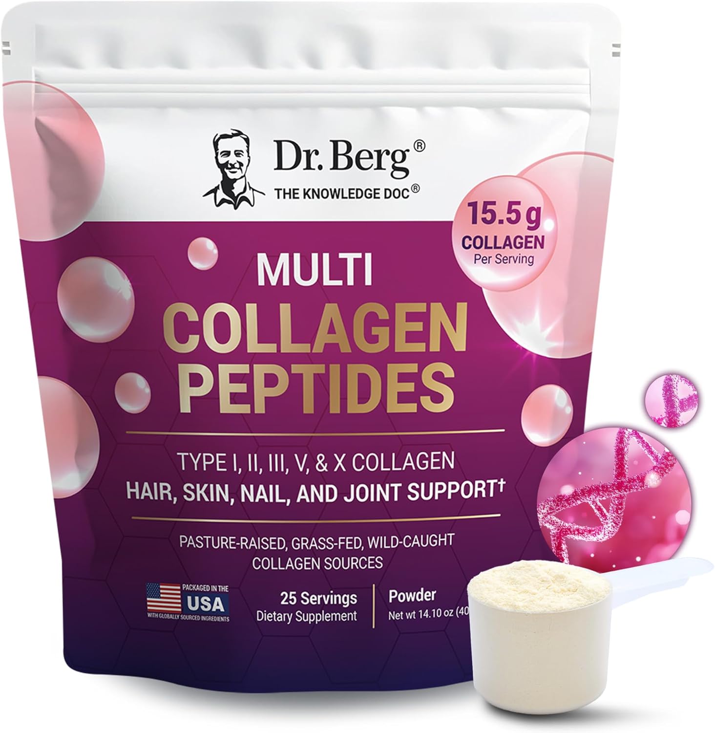 Dr. Berg Multi Collagen Peptides Powder – Grass-Fed, Pasture-Raised &amp; Wild-Caught Collagen Sources – 25 Servings