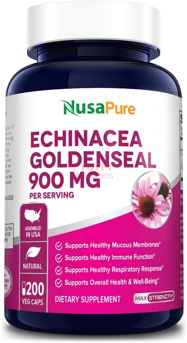 Nusapure Echinacea Goldenseal 900mg, Supports Healthy Immune Function,200 Capsules  جولدنسيل اشنسيا 900 مجم ، 200 كبسولة نباتية ، لصحة وظائف الجهاز المناعى