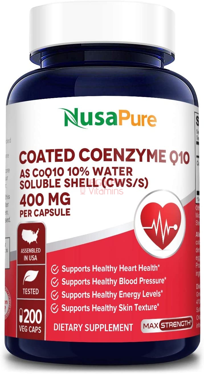 Nusapure CoQ10 10% CWS 400 mg 200 Veggie Caps - Coenzyme Q10 Supplement Pills, Antioxidant CO Q-10 Enzyme, Coq 10 for Healthy Blood Pressure &amp; Heart كيو 10 ، 400 مجم ، لصحة القلب وضغط الدم والمخ ، 200 كبسولة نباتية