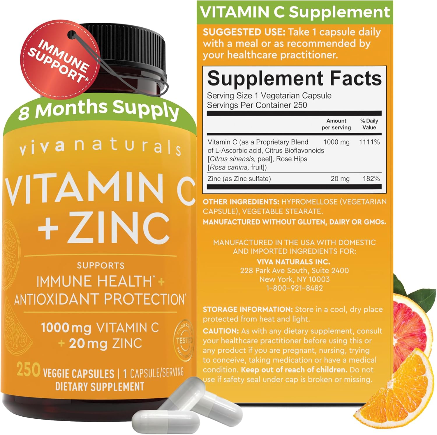 Viva Naturals Vitamin C + Zinc 1000mg/20mg | 250 Veggie Capsules