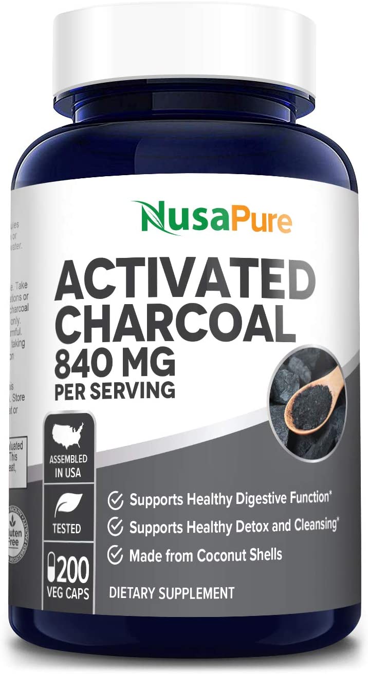 Nusapure Activated Charcoal 840 mg- Support for Healthy Digestion, 200 Capsules<br/>الفحم النشط 840 مجم ، مستخلص من قشور جوز الهند ، لصحة الجهاز الهضمى ،200 كبسولة نباتية