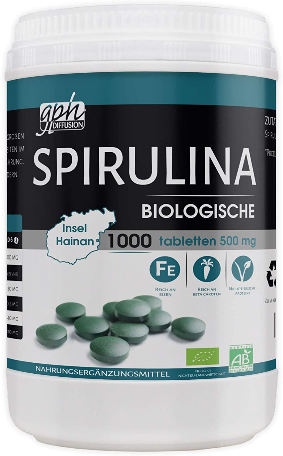 GPH Organic Spirulina - 500 mg per Tablet - 1000 Tablets