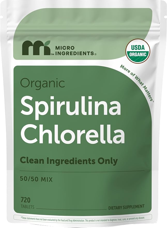 Micro Ingredients Organic Spirulina Chlorella Tablets, 720 Count | 4 Month Supply | 50/50 Algae Blend