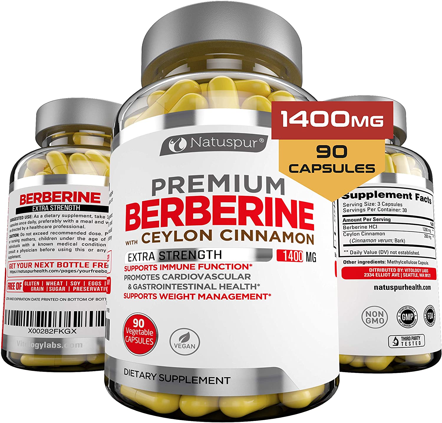 Natuspur Premium Berberine HCL Plus Ceylon Cinnamon 1400mg 90 Capsules