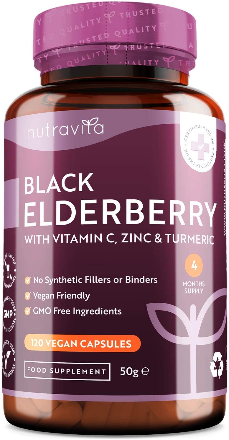 Nutravita Black Elderberry Complex with Vitamin C, Zinc and Turmeric - 120 Vegan Capsules - Immune System Support with No Synthetic Binders or Fillers نيوترافيتا إلدربيرى الأسود مركب مع فيتامين ج و الزنك والكركم، 120 كبسولة نباتية، لدعم صحة الجهاز المناعى