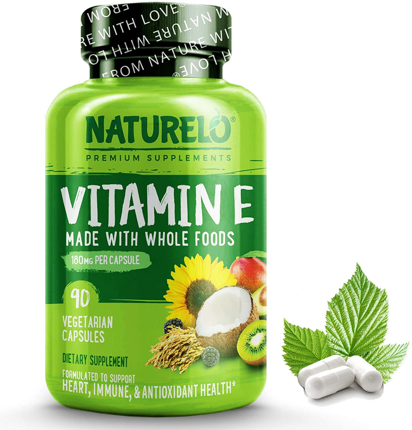 NATURELO Vitamin E - 180 mg (300 IU) of Natural Mixed Tocopherols from Organic Whole Foods - Supplement for Healthy Skin, Hair, Nails, Immune &amp; Eye Health - Non-GMO, Soy Free - 90 Vegan Capsules فيتامين ھ 180 مجم ، خليط طبيعى من أطعمة عضوية ، لصحة الجهاز المناعى والعين ولصحة البشرة والأظافر والشعر ، 90 كبسولة نباتية