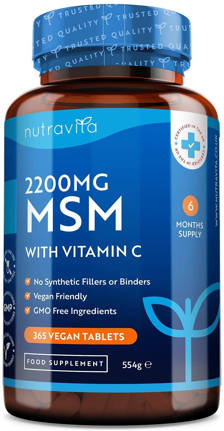 Nutravita MSM 2200mg Tablets – 365 Vegan Tablets – Methylsulfonylmethane with 80mg Vitamin C – 6 Month Supply - Made in The UK by Nutravita ميثيل سلفونيل ميثان 2200 مجم للجرعة مع فيتامين ج 80 مجم ، 365 حباية نباتية تكفى 6 أشهر