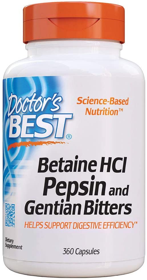 Doctor's Best Betaine HCI Pepsin &amp; Gentian Bitters, Digestive Enzymes for Protein Breakdown &amp; Absorption, Non-GMO, Gluten Free بيتين هيدروكلوريد وبيبسين و جنتيانا_ أنزيمات هضم البروتينات ، 360 كبسولة