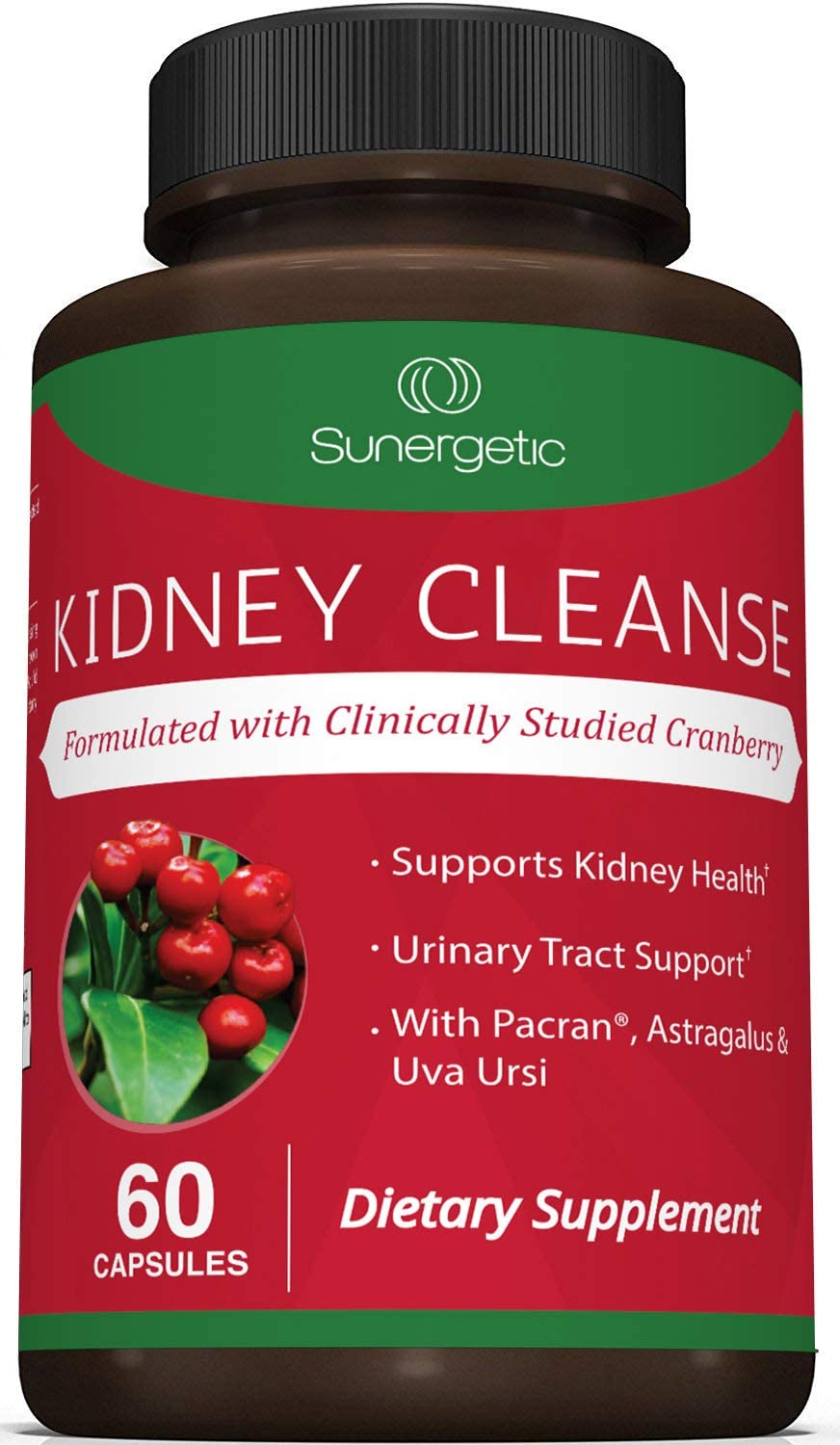 Sunergetic Premium Kidney Cleanse Supplement – Powerful Kidney Support Formula with Cranberry Extract Helps Support Healthy Kidneys &amp; Urinary Tract Support– 60 Capsules منظف الكلى تركيبة قوية لتحسين صحة الكلى والمسالك البولية ، 60 كبسولة نباتية