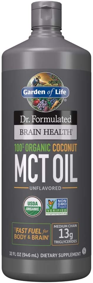 Garden of Life Dr. Formulated Brain Health 100% Organic Coconut MCT Oil 32 fl oz Unflavored, 13g MCTs, Keto &amp; Paleo Diet Friendly Body &amp; Brain Fuel, Certified Non-GMO Vegan &amp; Gluten Free, Hexane-Free جاردين اوف لايف ، زيت م س ت من جوز الهند العضوى 100%، لصحة المخ ووقود سريع للجسم والمخ ، 946 مل