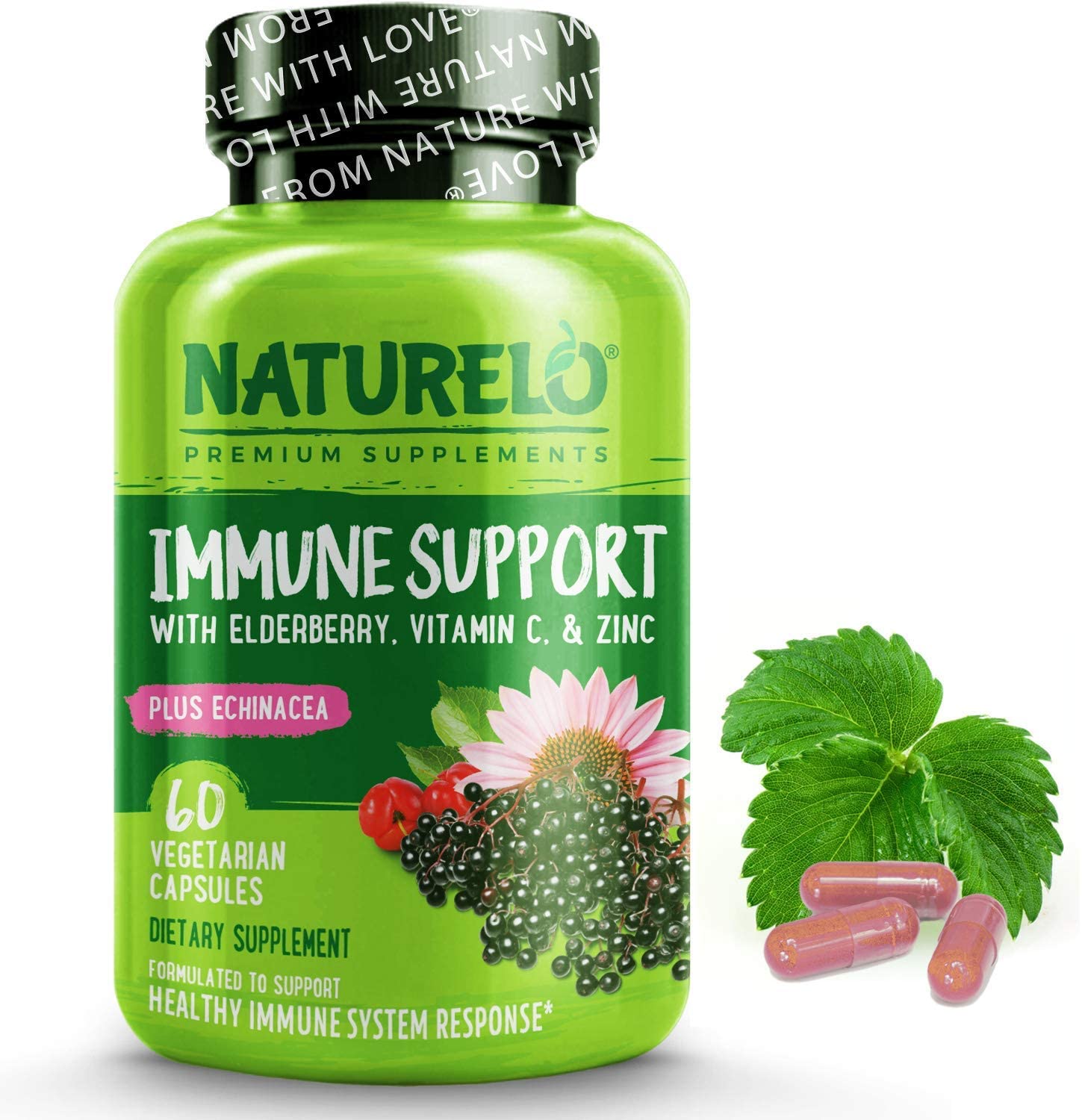 NATURELO Immune Support – Organic Vitamin C, Elderberry, Zinc, Plus Echinacea – Natural Immunity Boost w/ Antioxidant, Herbal &amp; Mineral Defense - 60 Vegan Capsules ناتشريلو لدعم المناعة طبيعيا ، فيتامين ج العضوى مع إلديربيرى و اشنسيا والزنك ، مضاد للأكسدة ، 60 كبسولة نباتية