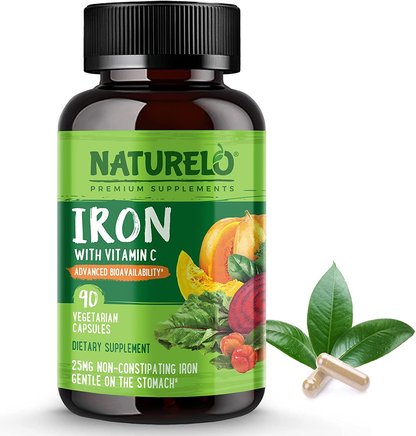 NATURELO Vegan Iron Supplement with Whole Food Vitamin C - Best Natural Iron Pills for Women &amp; Men with Iron Deficiency, Anemia and Vegan Diets - 90 Mini Capsules <BR/> ناتشريلو حديد نباتى مع فيتامين ج ، أفضل حبوب حديد طبيعى للرجال والنساء ، لعلاج فقر الدم ، 90 كبسولة