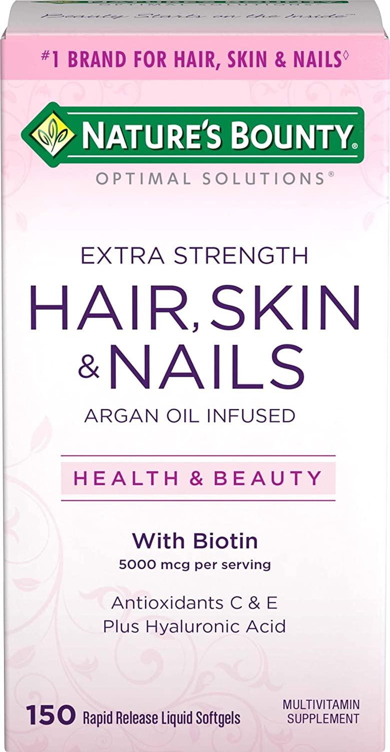 Nature's Bounty Optimal Solutions Hair, Skin &amp; Nails Extra Strength, 150 Softgels أفضل حل للشعر والبشرة والأظافر ، قوة مضاعفة ، مع زيت الأرجان والبيوتين ، 150سوفت جل