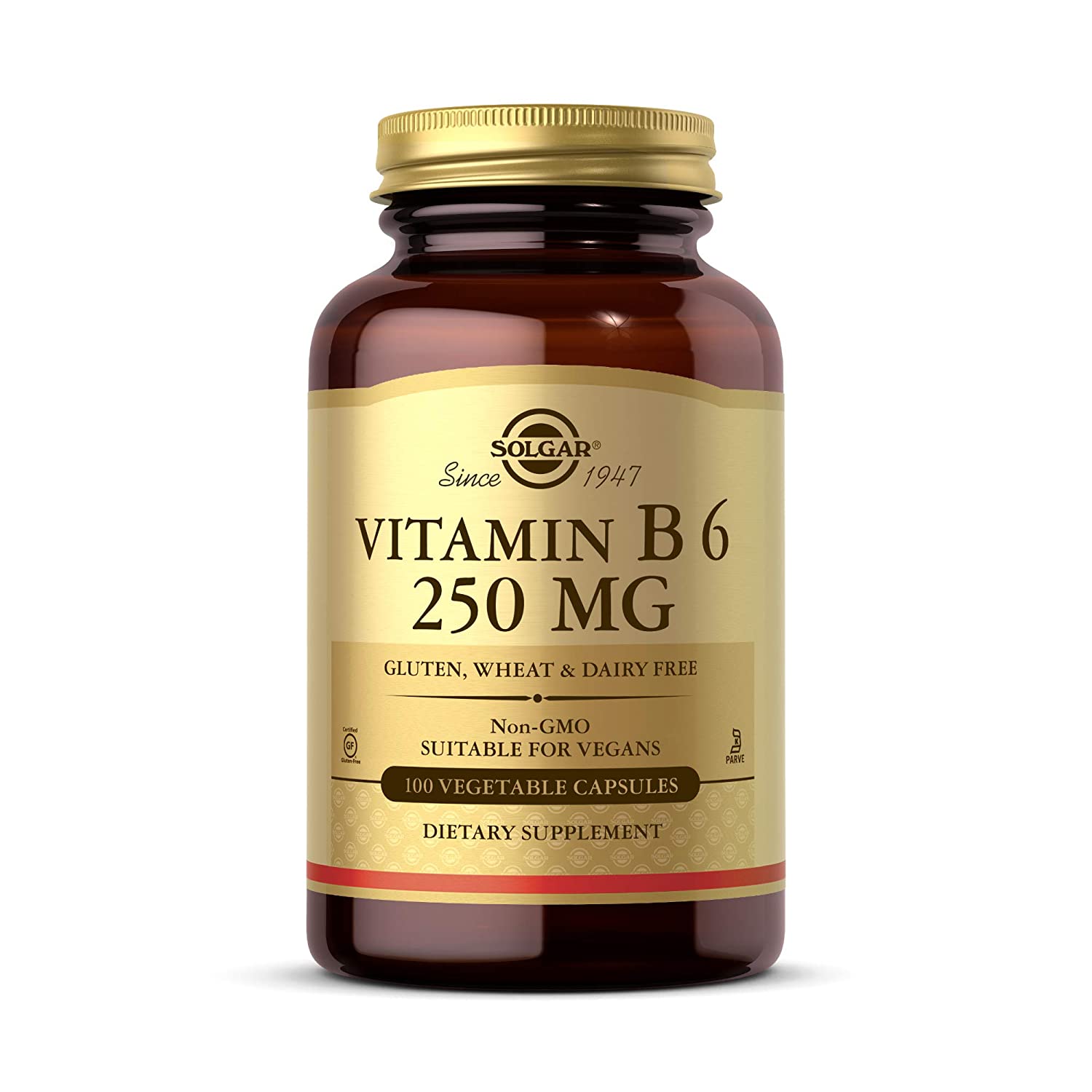 Solgar Vitamin B6 250 mg, 100 Vegetable Capsules - Supports Energy Metabolism, Heart Health &amp; Healthy Nervous System - Non-GMO, Vegan, Gluten Free, Dairy Free, Kosher - 100 Servings سولجر فيتامين6ب 250 مجم للكبسولة ، لصحة القلب والجهاز العصبى و زيادة إنتاج الطاقة ، 100 كبسولة نباتية