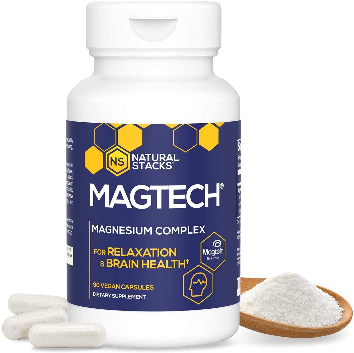 Natural Stacks MagTech Magnesium Supplement 90 ct. - High Quality Triple Blended 100% Chelated Magnesium Complex - L-Threonate (Magtein) for Memory &amp; Focus - Glycinate for Sleep &amp; Relaxation - Taurate for Muscle Cramps &amp; Recovery خليط من أنواع الماغنيسيوم لصحة المخ ولدعم صحة النوم 90 كبسولة نباتية