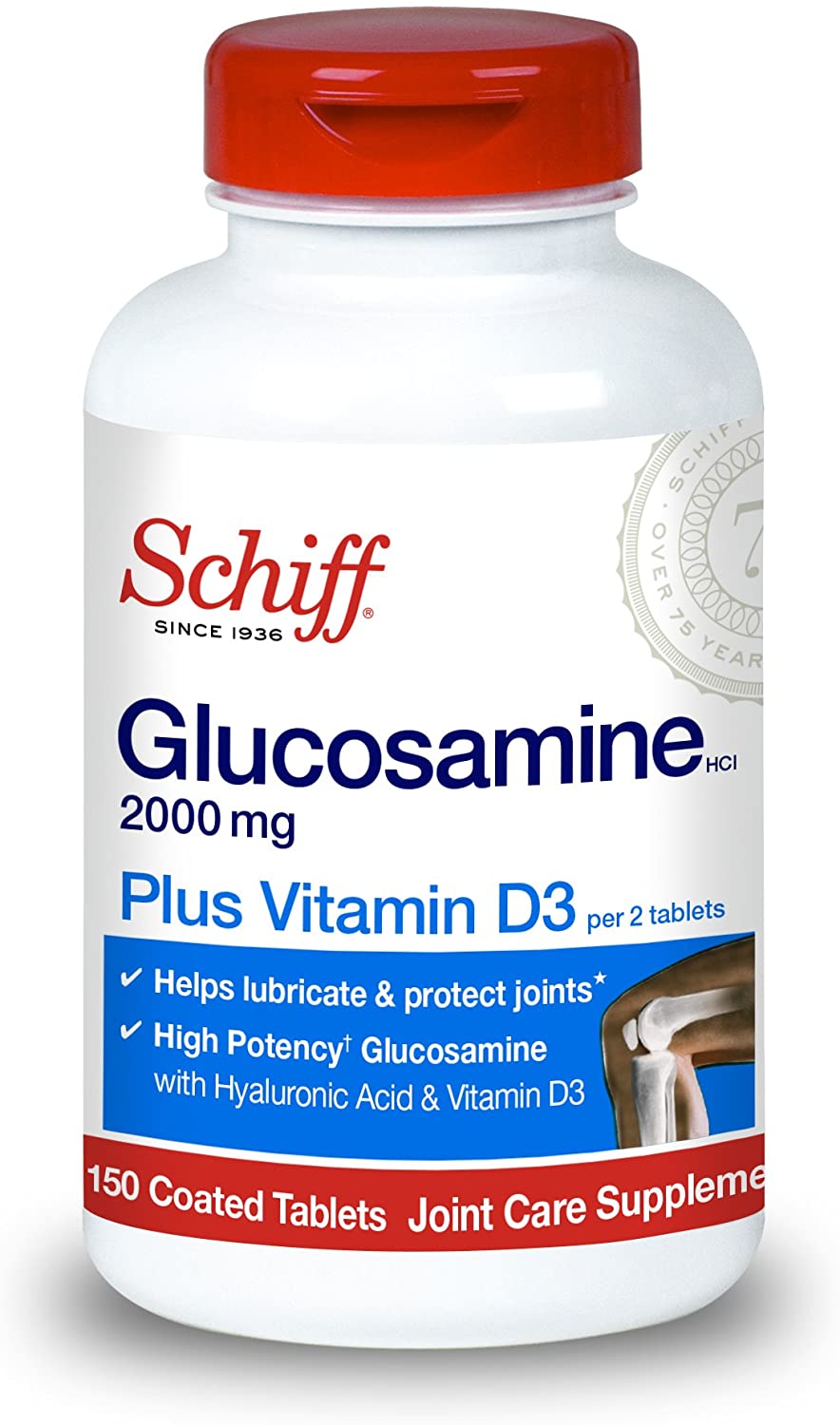 Schiff Glucosamine 2000mg with Vitamin D3 and Hyaluronic Acid ,Joint Supplement-150 tablets  جلوكوزامين 2,000 مجم مع فيتامين د3 وحمض الهيالورونك لصحة المفاصل ولتسهيل الحركة ، 150 قرص