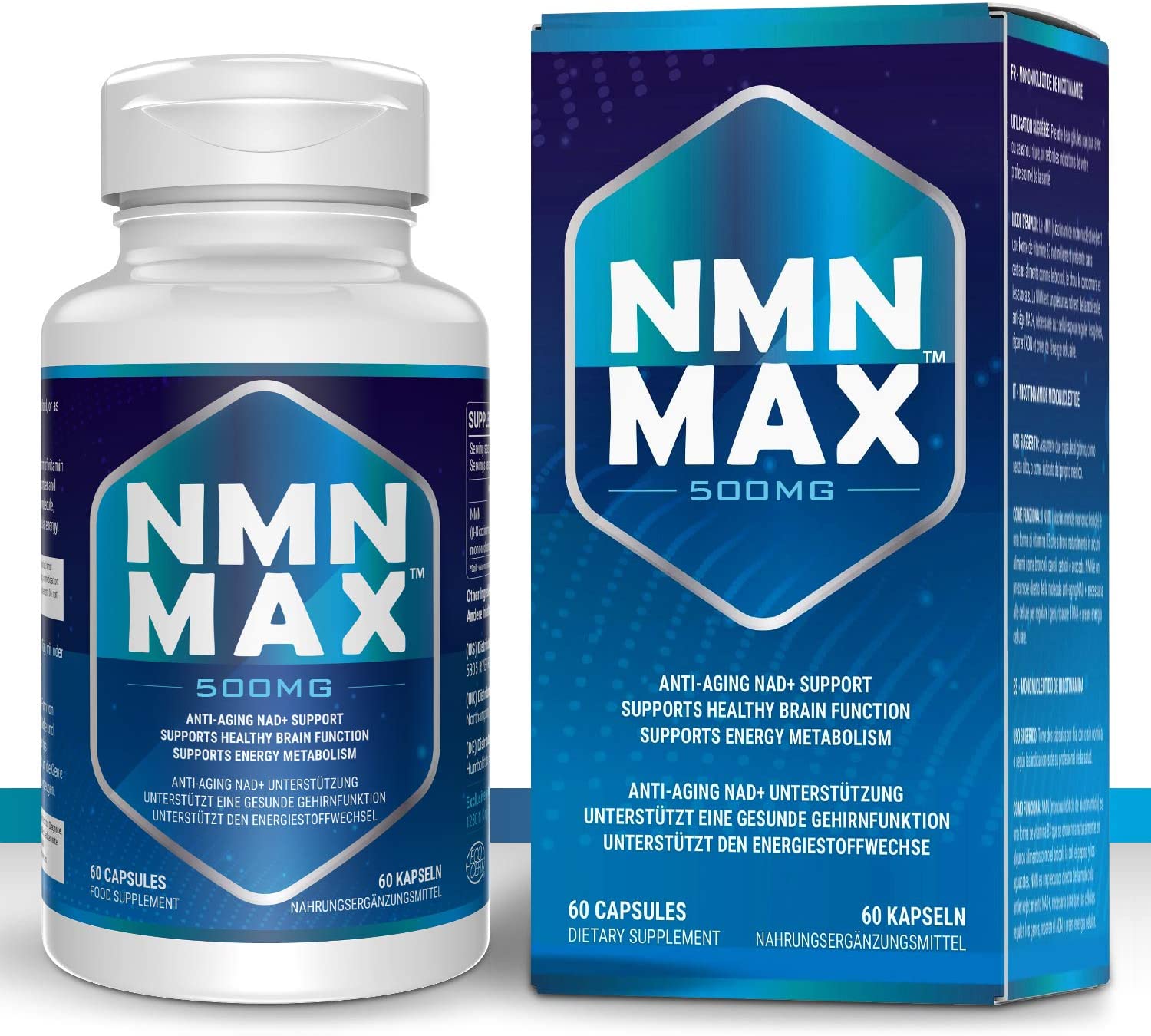 NMN 500mg Capsules, Nicotinamide Mononucleotide Anti Aging Supplements to Support Longevity and Cellular Energy for Men &amp; Women（60 Count, Pack of 1）NMNتركيزه 500مجم للكبسولة مضاد للشيخوخة ولدعم الطول العمر والطاقة الخلويه 60 كبسولة