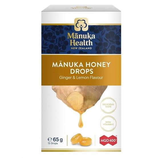 Manuka Health-Manuka Honey Drops Ginger &amp; Lemon MGO 400+ 15 Drops 65g مانوكا هيلس قطرات عسل نحل مانوكا مع الزنجبيل والليمون 400+ م ج أو ، 65 جرام