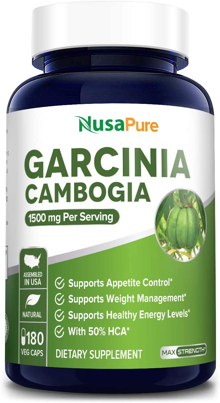 Nusapure Pure Garcinia Cambogia 180 Veggie Caps 1500mg (Vegetarian, Natural, Non-GMO &amp; Gluten Free) نياسا بيور الجارسينيا كامبوجيا النقية 1500 مجم ، نباتى وطبيعى ، لفقدان الوزن ولدعم إنتاج الطاقة ، 180 كبسولة نباتية