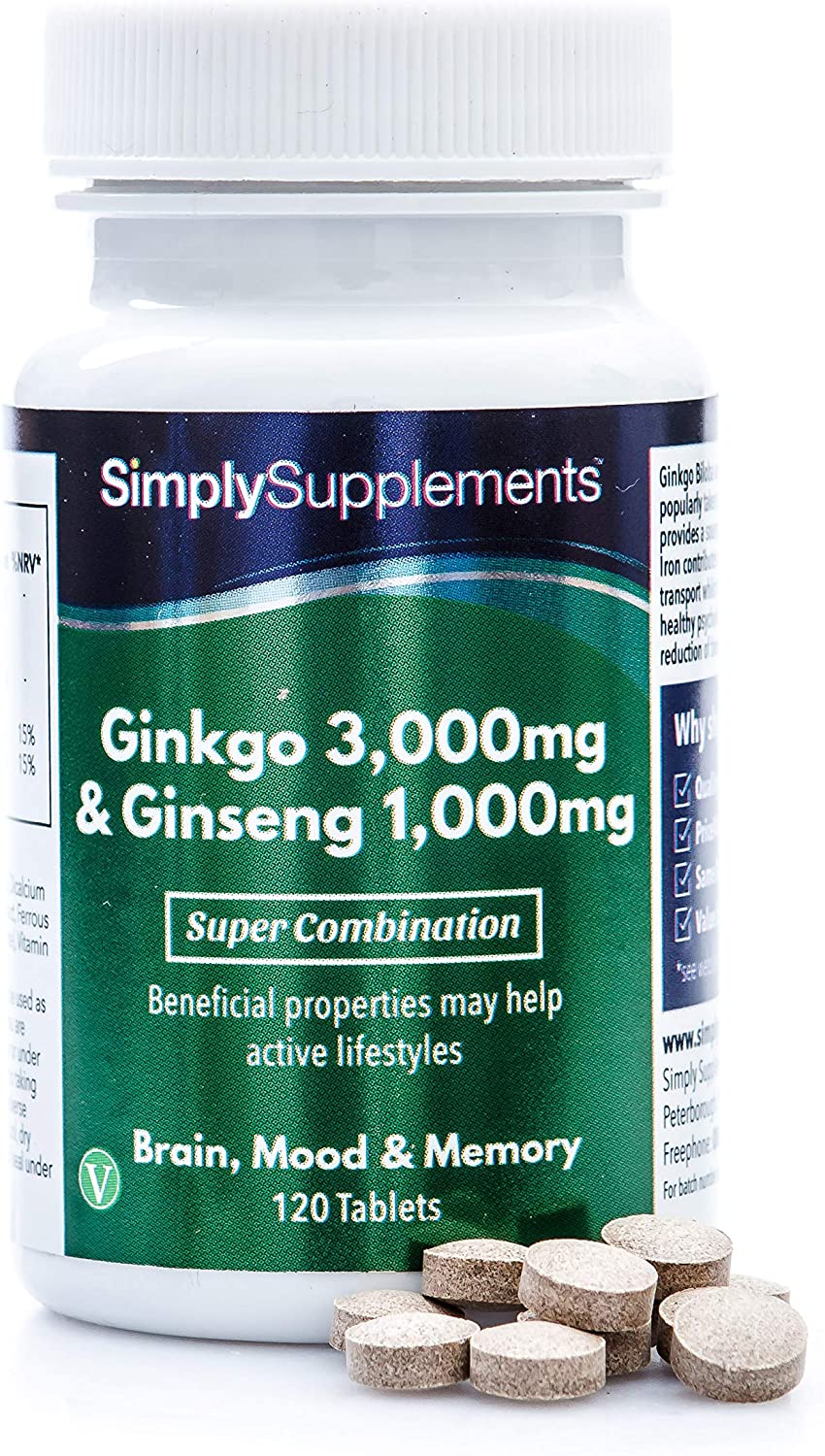 Simply Supplements Ginkgo Biloba &amp; Korean Ginseng | Supports Mental Performance &amp; Helps with Circulation | Vegan &amp; Vegetarian Friendly | 120 Tablets | Manufactured in The UK سمبل سبلايمنتس خليط نباتى من الجانكجو بيلوبا 3000 مجم والجنسنج 1000 مجم لدعم صحة المخ والذاكرة والمزاج 120 حباية