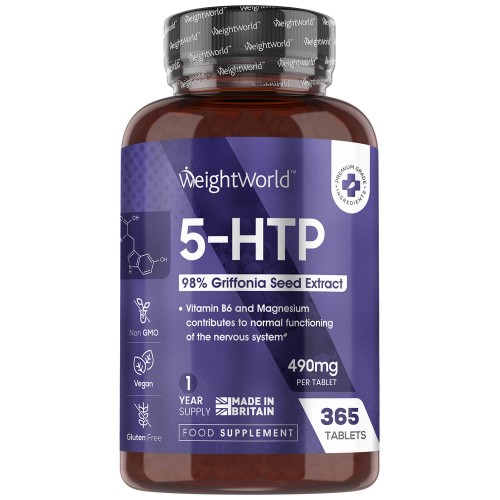 WeightWorld 5HTP Tablets - 365 Tablets - 490mg Griffonia Simplicifolia Extract 5-HTP - Tested Ingredients &amp; Vegan - Griffonia Seed Extract - Annual Supply