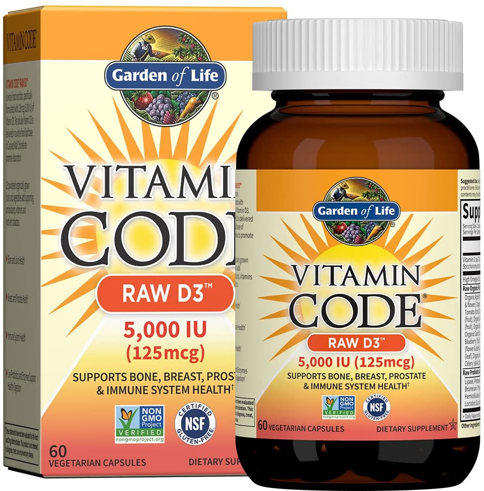 Garden of Life Vitamin D, Vitamin Code Raw D3, Vitamin D 5,000 IU, Raw Whole Food Vitamin D Supplements with Chlorella, Fruit, Veggies &amp; Probiotics for Bone &amp; Immune Health, 60 Vegetarian Capsules جاردن اوف لايف وفيتامين كود فيتامين د3 الخام 5000 وحدة دولية لصحة العظام والجهاز المناعى 60 كبسولة نباتية
