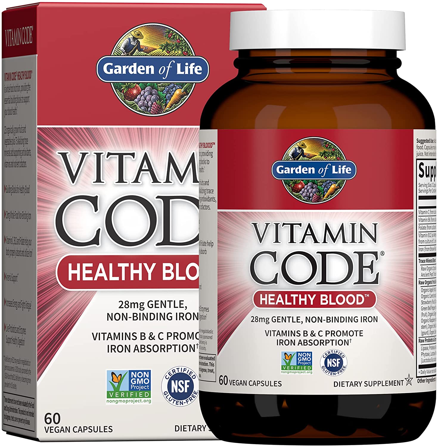 Garden of Life Vitamin Code Iron Supplement, Healthy Blood - 60 Vegan Capsules, 28g Iron, Vitamins B, C, Trace Minerals, Fruit Veggies &amp; Probiotics, Iron Supplements for Women Energy &amp; Anemia Support جاردن اوف لايف فيتامين كود لصحة الدم حديد وفيتامين ب وفيتامين سي ومعادن ومستخلص الفاكهه العضوية والبروبيوتك لدعم الطاقة ولعلاج فقر الدم 60 كبسولة نباتية