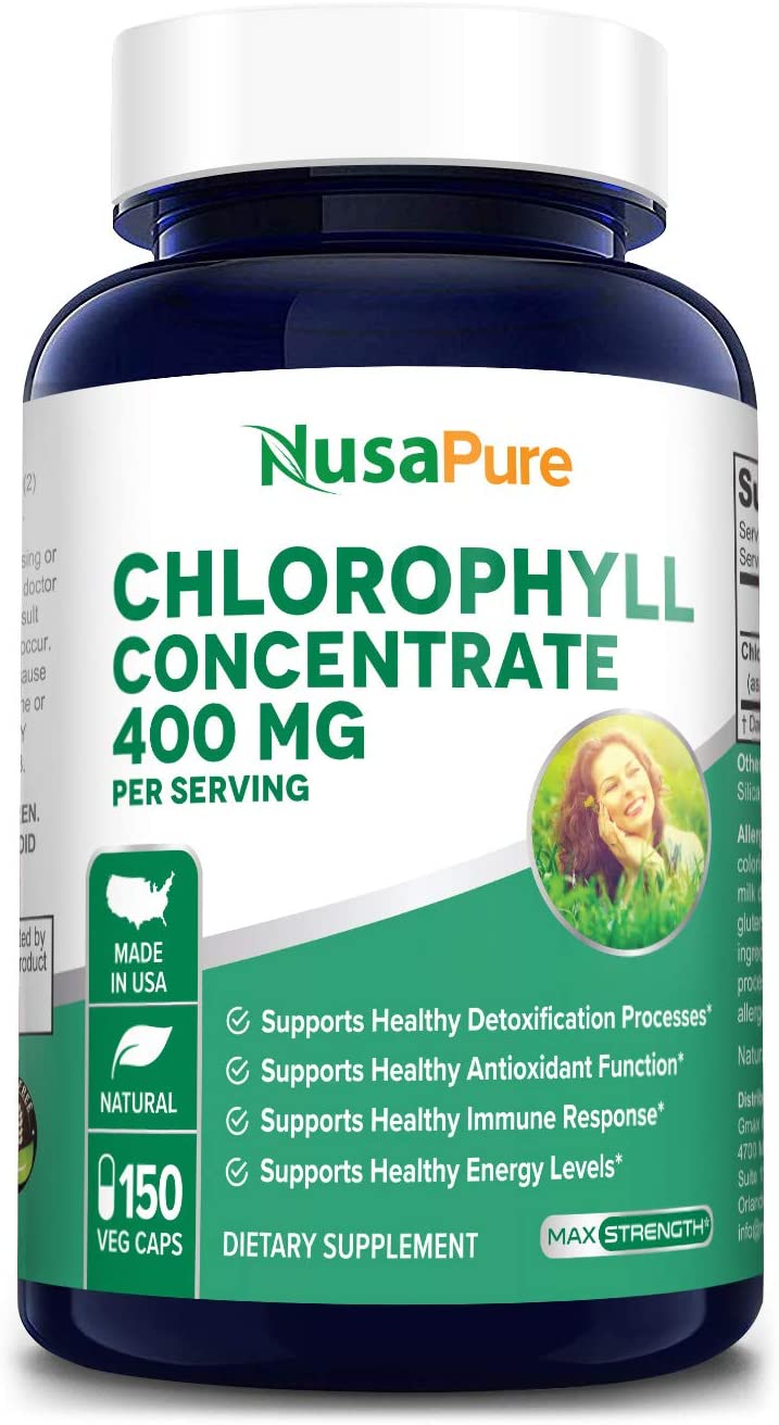 Nusapure Chlorophyll Concentrate 400 mg, Assists Detoxification &amp; Provides Intestinal, Digestive Support,150 Capsules  كلوروفيل المركز 400 مجم للجرعة ، لصحة الجهاز المناعى والجهاز الهضمى و لصحة الجلد ، 150 كبسولة