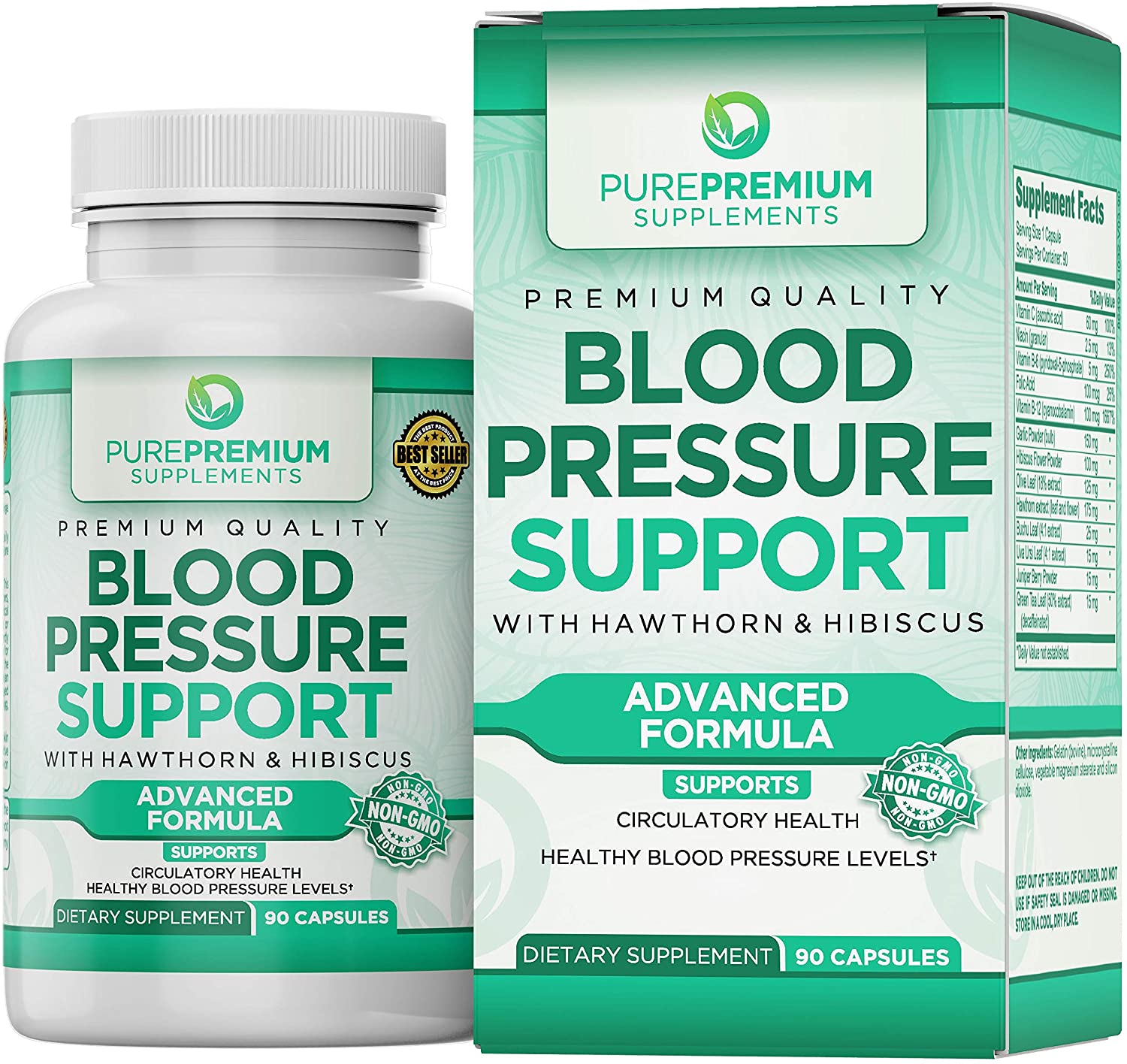 PurePremium Blood Pressure Support with Hawthorn & Hibiscus - for Cardiovascular & Circulatory Health - 90 Capsules<br/>مكمل داعم لضغط الدم مع الزعرور والكركديه _ مضاد طبيعى لإرتفاع ضغط الدم ، و لصحة القلب والأوعية الدموية والدورة الدموية ، 90 كبسولة