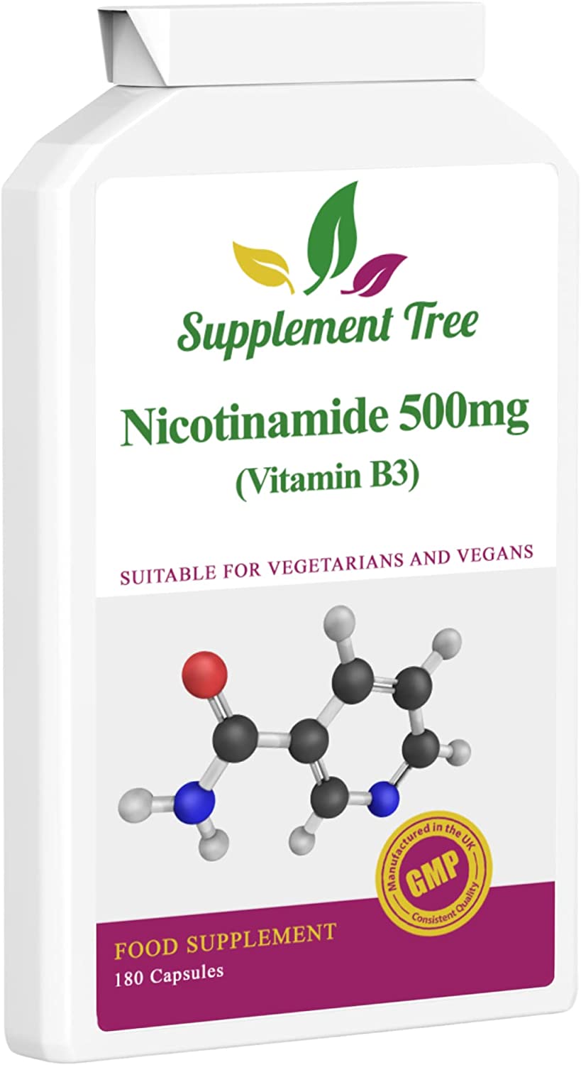 Supplement tree Vitamin B3 Nicotinamide 500mg 180 Capsules | Flush Free Niacinamide | UK Manufactured | Suitable for Vegans &amp; Vegetarians فيتامين ب3 النباتى (نيكوتيناميد) 180 كبسولة